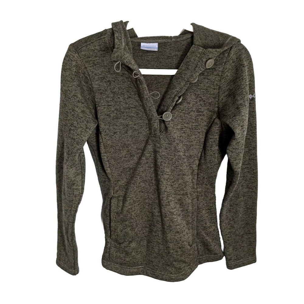 COLUMBIA Women's Hoodie 1/4 Button Sweatshirt Soft  Marled Dark Army Green S